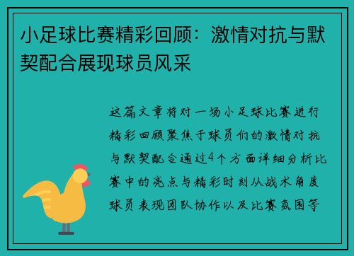 小足球比赛精彩回顾：激情对抗与默契配合展现球员风采