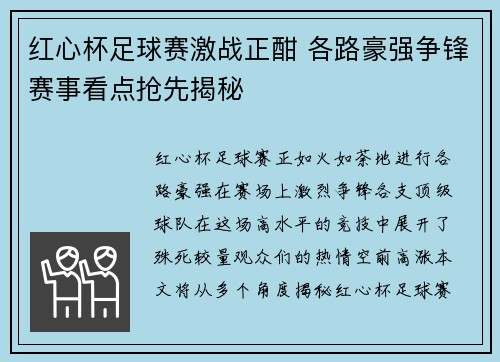 红心杯足球赛激战正酣 各路豪强争锋赛事看点抢先揭秘