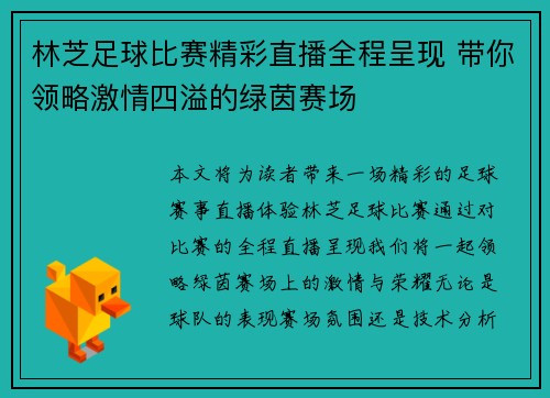 林芝足球比赛精彩直播全程呈现 带你领略激情四溢的绿茵赛场