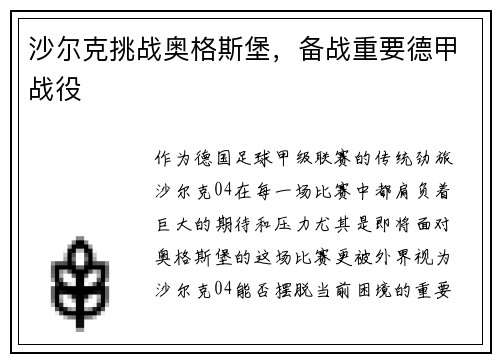 沙尔克挑战奥格斯堡，备战重要德甲战役