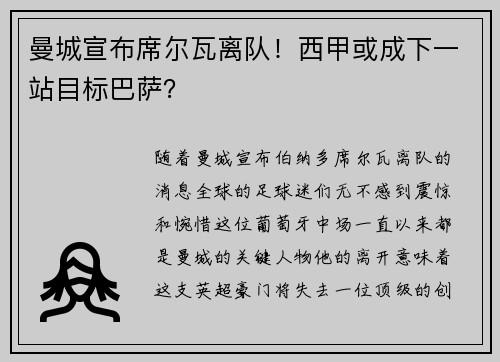 曼城宣布席尔瓦离队！西甲或成下一站目标巴萨？