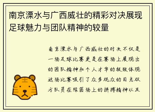 南京溧水与广西威壮的精彩对决展现足球魅力与团队精神的较量