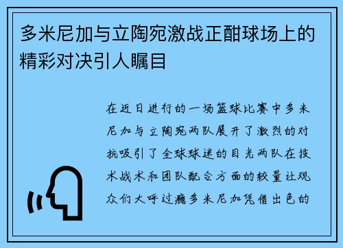 多米尼加与立陶宛激战正酣球场上的精彩对决引人瞩目