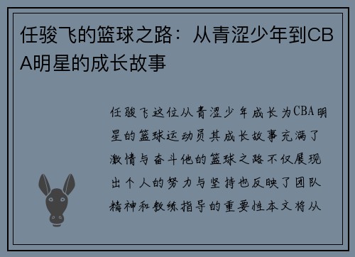 任骏飞的篮球之路：从青涩少年到CBA明星的成长故事