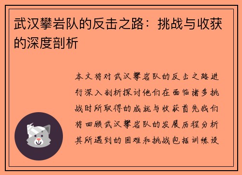 武汉攀岩队的反击之路：挑战与收获的深度剖析