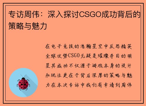 专访周伟：深入探讨CSGO成功背后的策略与魅力