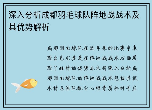 深入分析成都羽毛球队阵地战战术及其优势解析