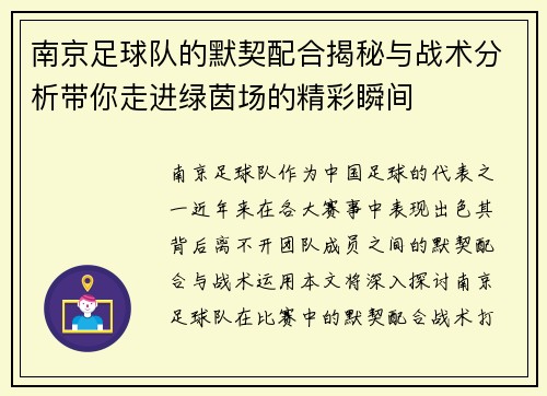 南京足球队的默契配合揭秘与战术分析带你走进绿茵场的精彩瞬间