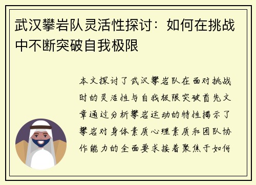 武汉攀岩队灵活性探讨：如何在挑战中不断突破自我极限